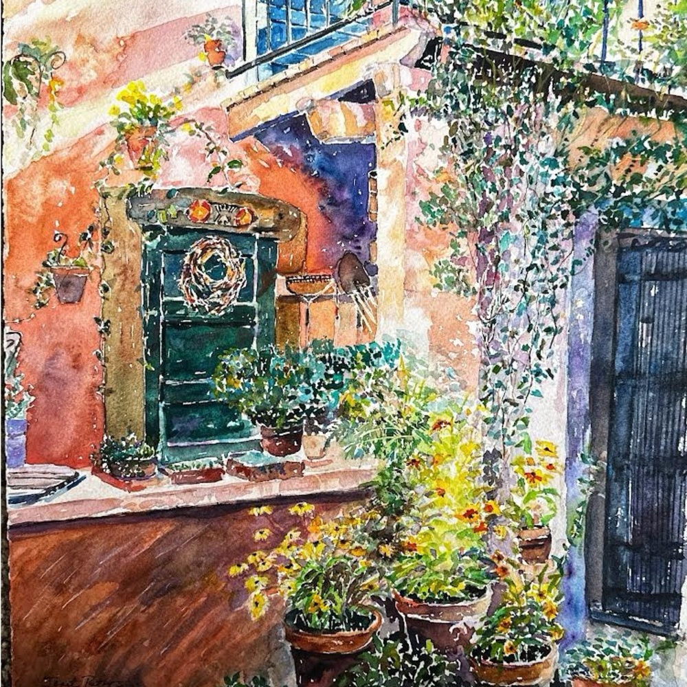 Original Watercolor Print of Beautiful Courtyard in Home Decor